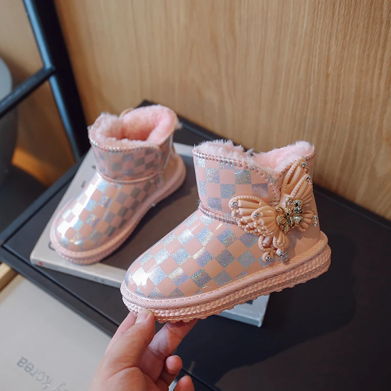 Girls PU Cute Snow Boots Pink Checkerboard with Bow Pretty Princess All-match Short Boots Winter New 2022 Casual Kids Fashion