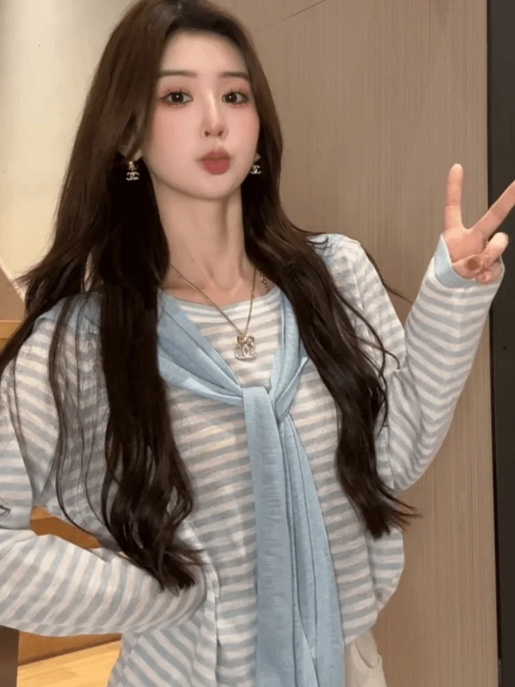 

Модный женский комплект в полоску с цветовыми блоками, длинными рукавами, уникальным дизайном, трендовый, с открытыми плечами, в корейском стиле, повседневный