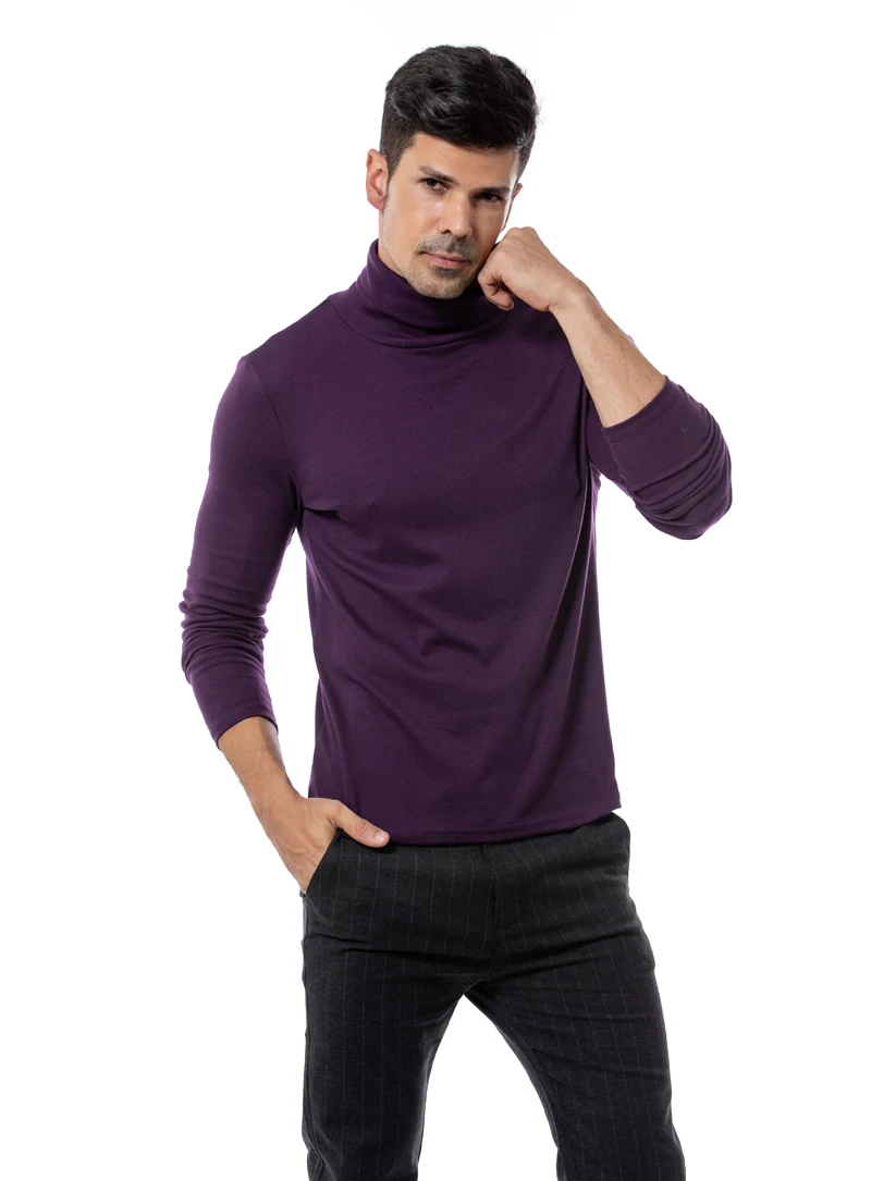 Jersey de cuello alto púrpura para hombre, camisa térmica de manga larga, ajustada, básica, de punto, 2023