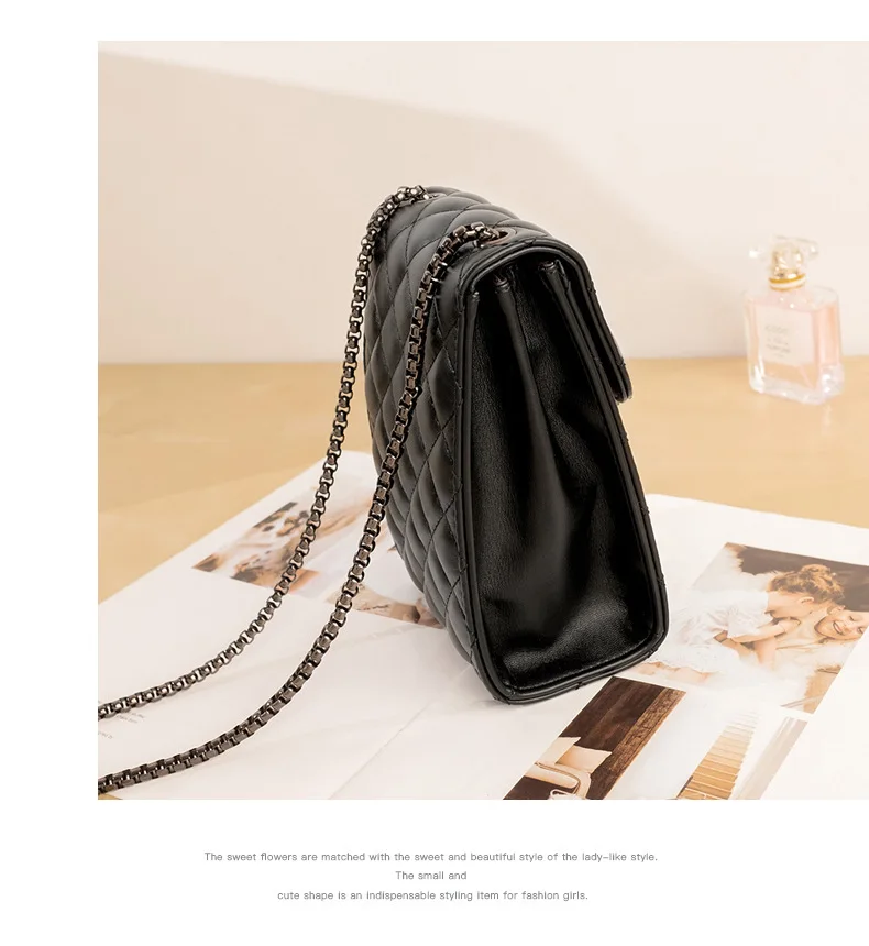 Schwarze Vertikale Leder-Handytasche für Damen mit Metallschnalle und Langer Kettengurt – Detail 5