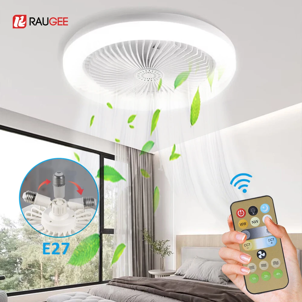 

Ceiling Fans With Remote Control and Light 30W LED Lamp Fan E27 Converter Base Smart Silent Ceiling Fans For Bedroom Living Room