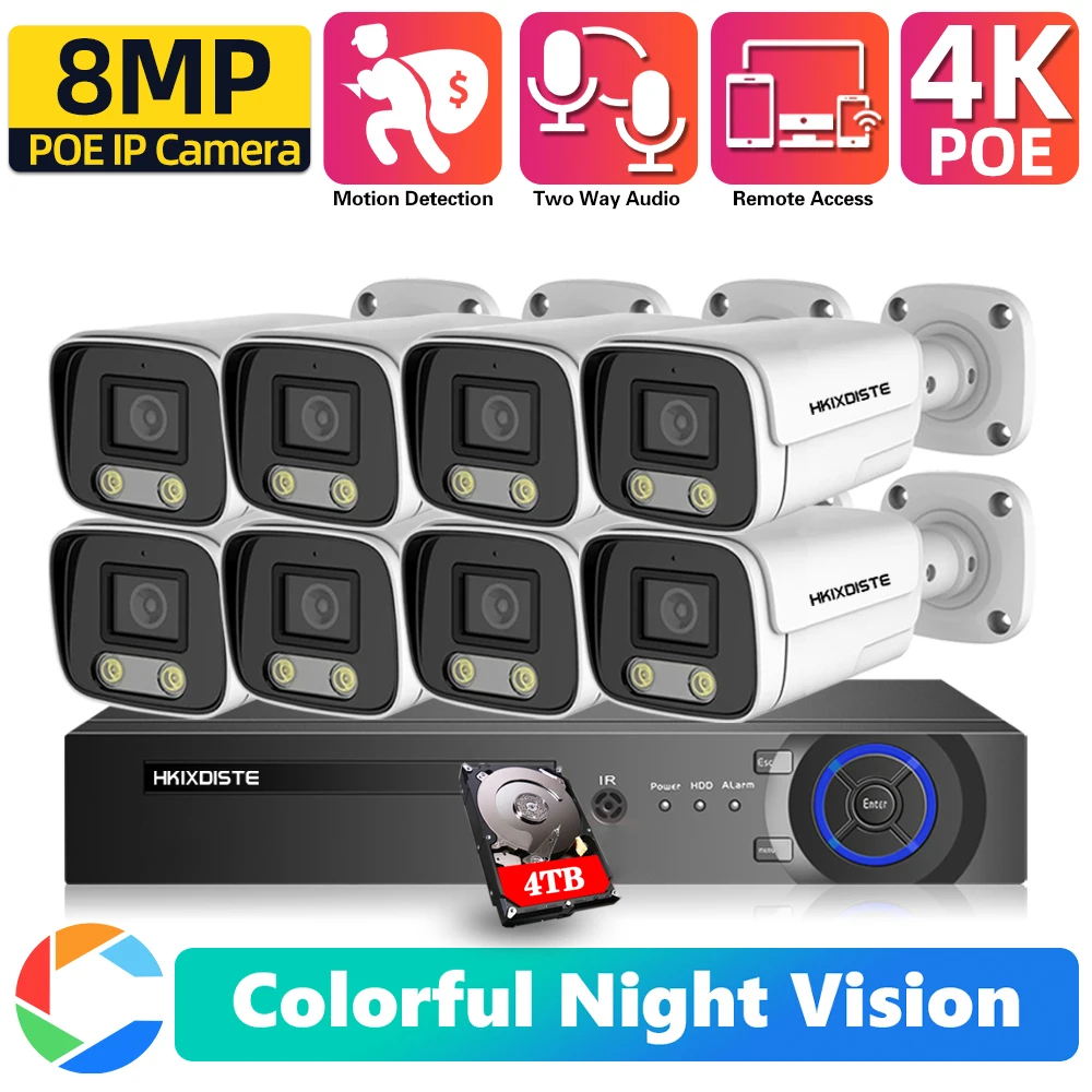 4K 8CH POE Face Recognition NVR 8MP Color IP Camera Outside Waterproof Home Two Way Audio CCTV Metal Camera System Set 8Channel