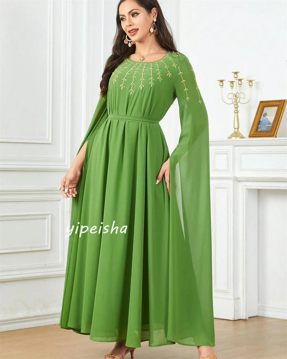 A Linha Chiffon Evening Gown, Draped Bordados, O-Neck, Vestidos Midi, Ocasião sob medida