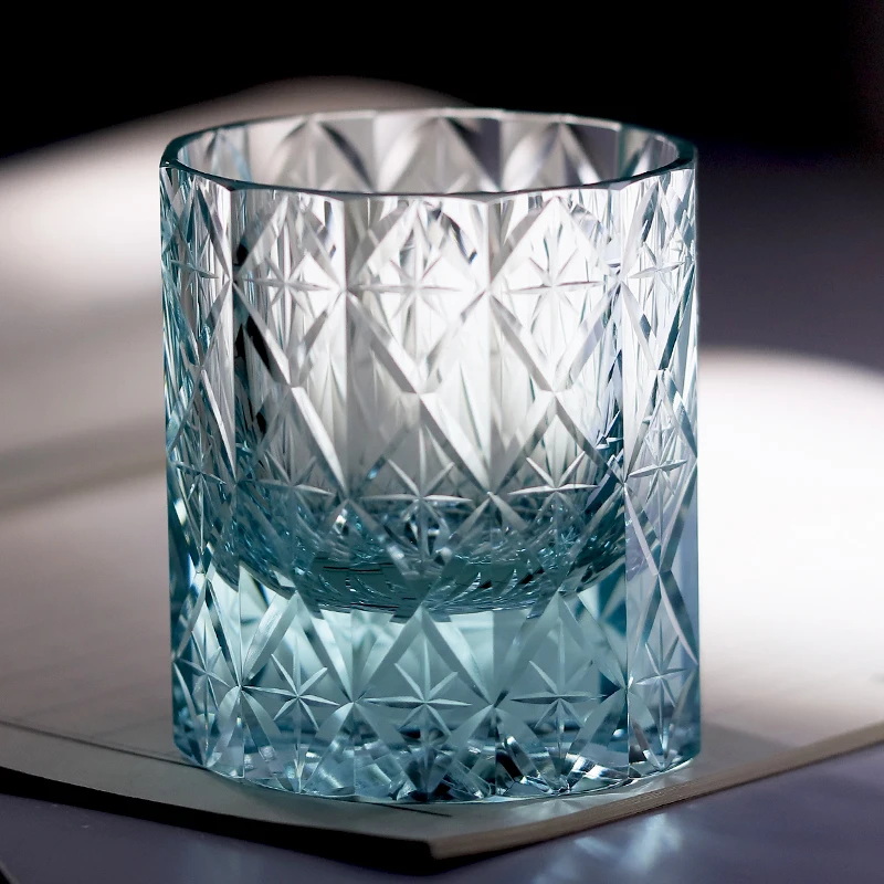 

Handmade Edo Kiriko K9 Crystal Glass Tumbler For Cocktail Tequila Whiskey With Hand Cut 12 Faceted Stars Design
