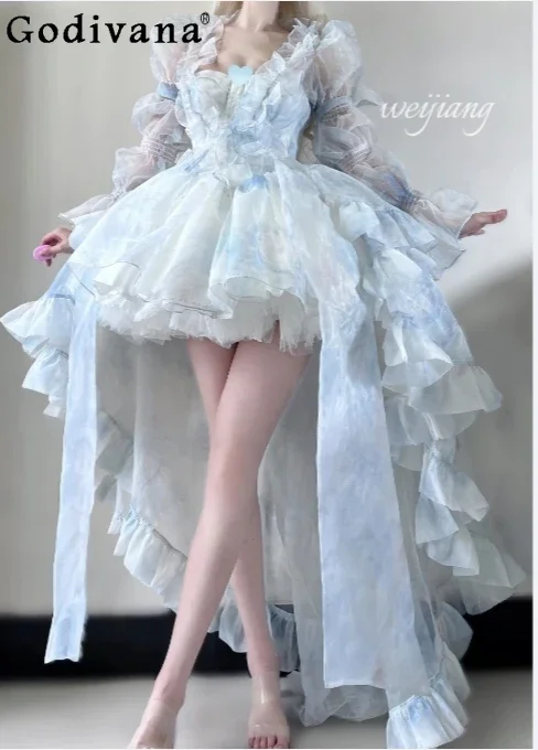 

Blue Lolita Strapless Dress French Socialite Style Fairy with Long Trailing Sweet Princess Dress for Women Wedding Dress Mujer