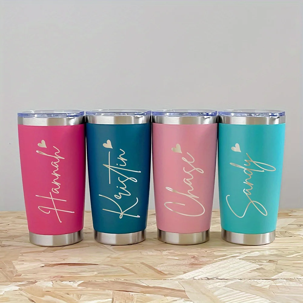 Personalized Name 20oz Stainless Steel Tumbler, Custom Engraved Heart Script Insulated Travel Coffee Cup, Leakproof Car Mug Gift view 4