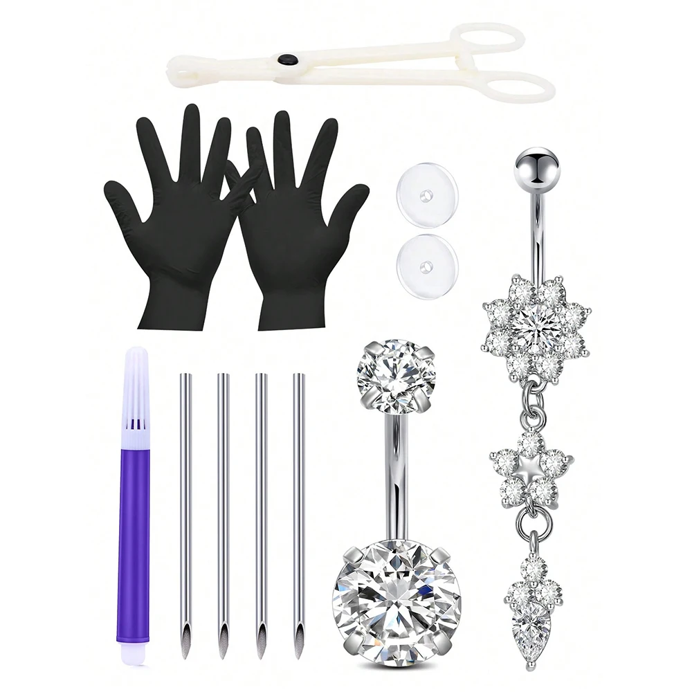 Kit de perforación de ombligo de 12 piezas, incluye 2 anillos de ombligo de 14G, 1 pinza para perforación y 4 agujas para perforación.