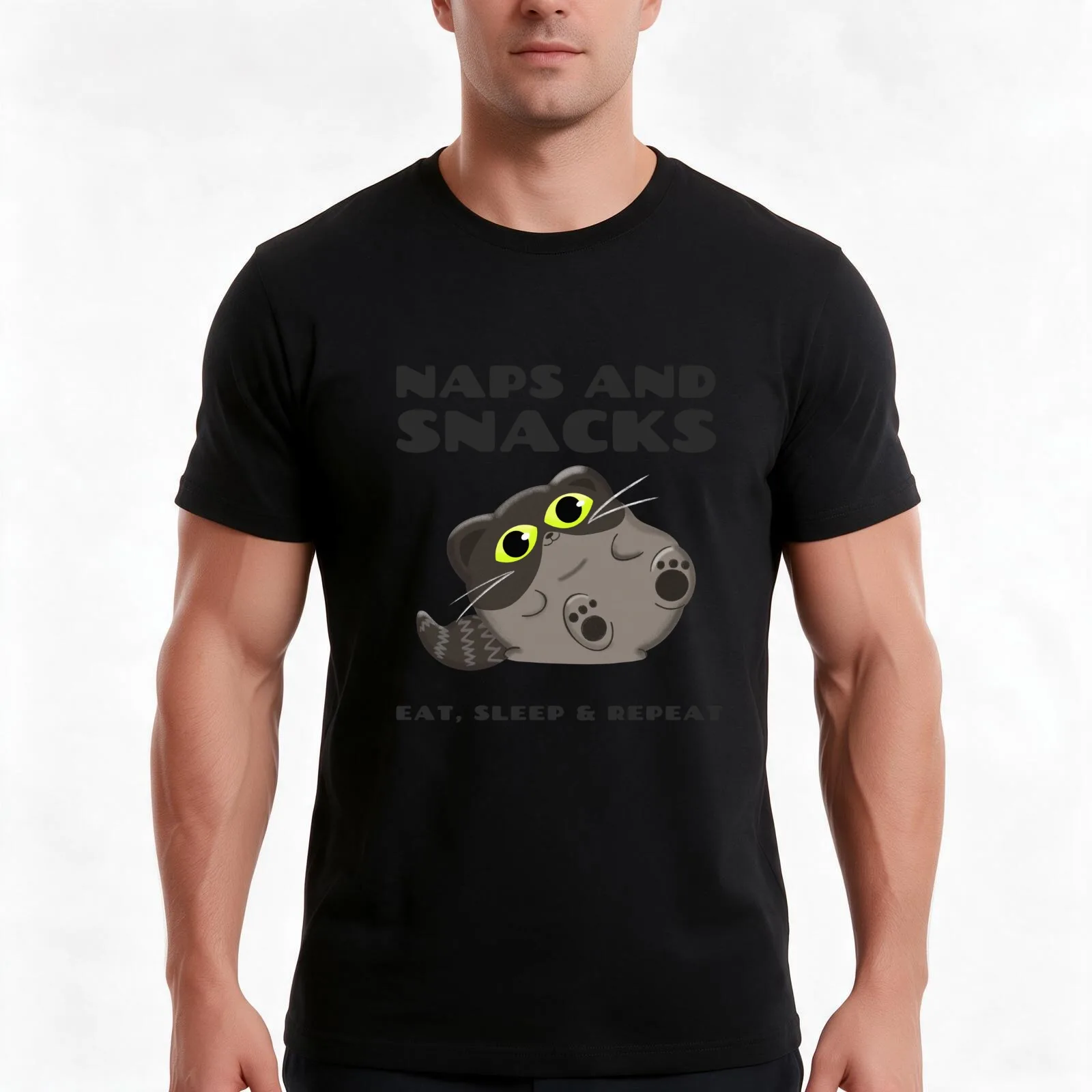 Cats naps and snacks T-Shirt, Summer Casual Cotton Tee, Oversized Streetwear Tops, Vintage Graphic Print, Loose Fit Short Sleeve