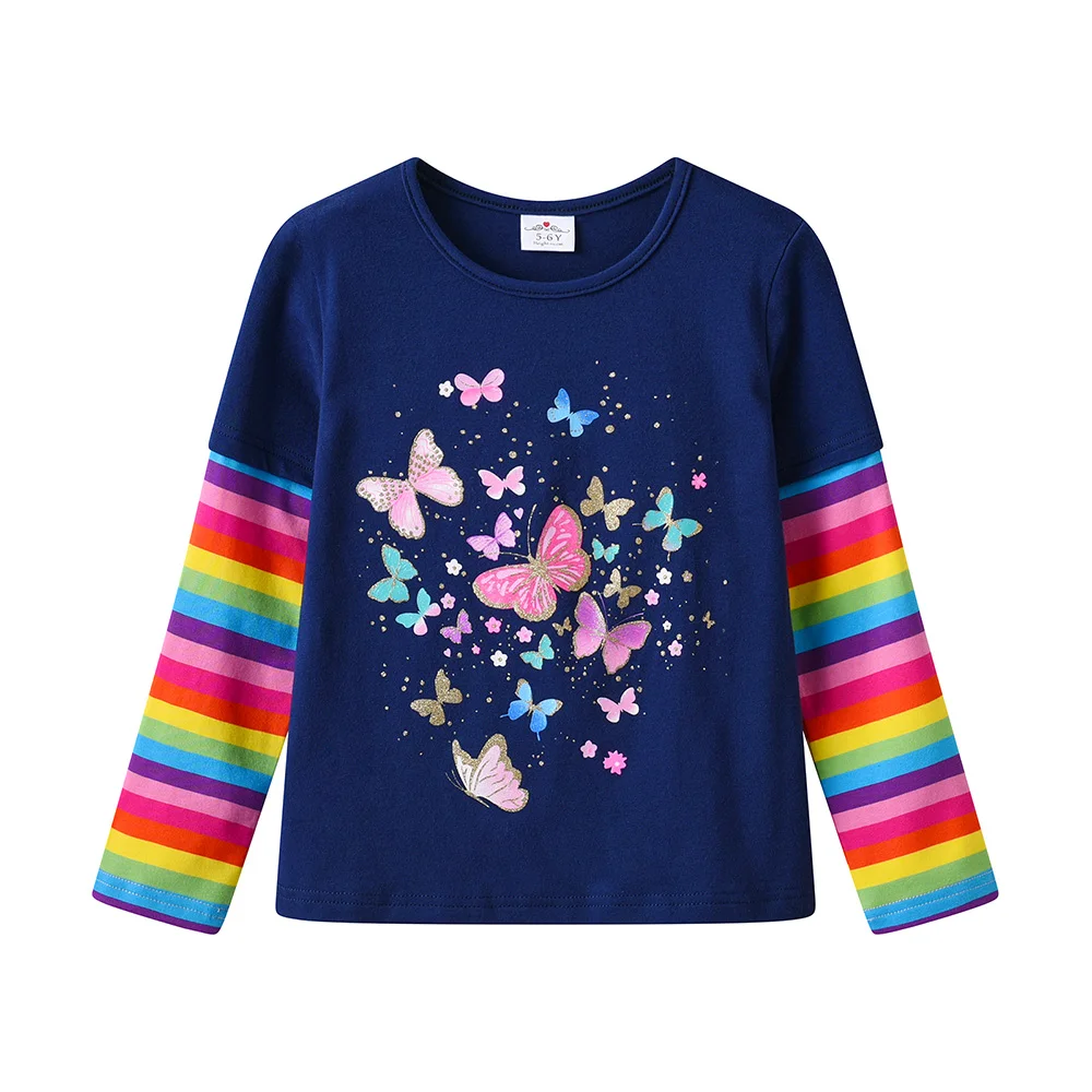 VIKITA Mädchen-T-Shirts mit Schmetterlings-Cartoon-Druck, Marineblau, für Kinder, Baumwolle, lässig, täglich, gestreift, langärmelig, O-Ausschnitt, Kinderkleidung – Detail 2