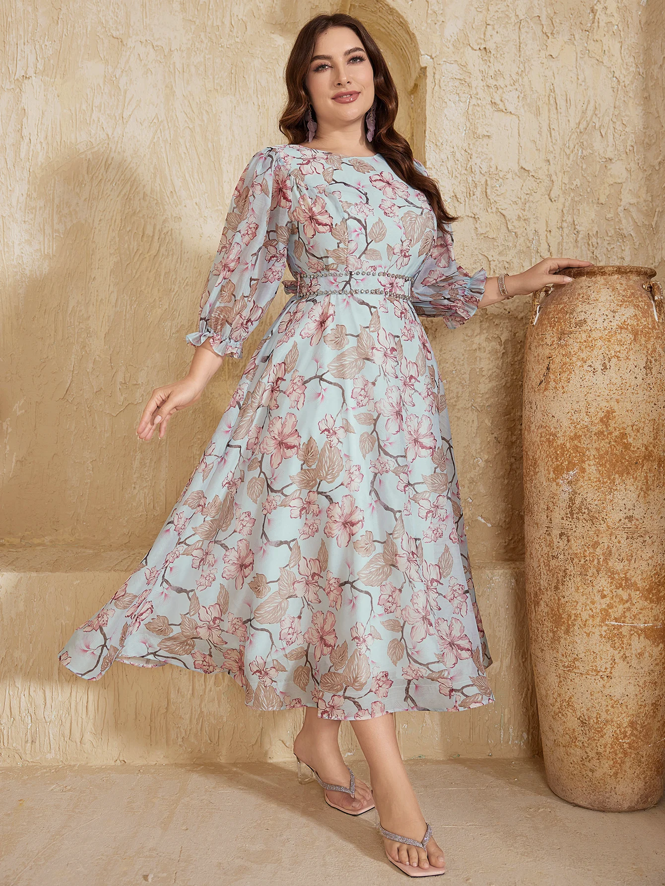 UNITHORSE – robe élégante en mousseline de soie, col rond, manches lanternes, imprimé Floral, avec perles à la taille, cravate, longueur au sol