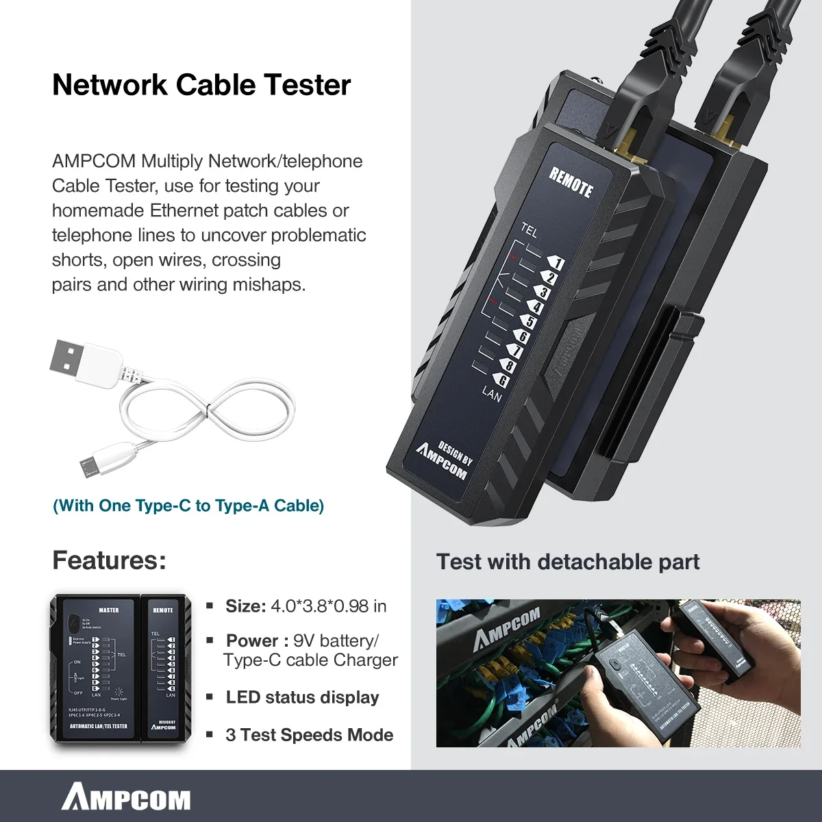 Netwerktoolkit, AMPCOM Professional RJ45-tool (Cat7 Crimper, 10PCS Cat7-connectoren, netwerkkabeltester, stripgereedschap)