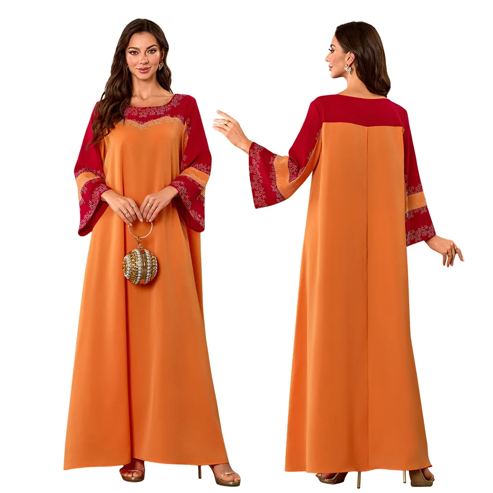 

Women's Clothing Muslim Fashion Abaya Fashionable Middle Eastern-style Rhinestone Round-Neck Loose Dress