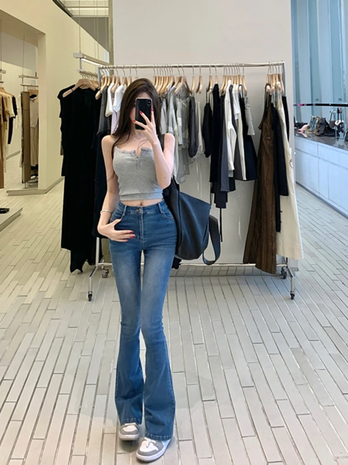 

Женские джинсы-клеш с высокой талией, облегающие, из эластичного денима, синие, из хлопковой стрейч-ткани, износостойкие