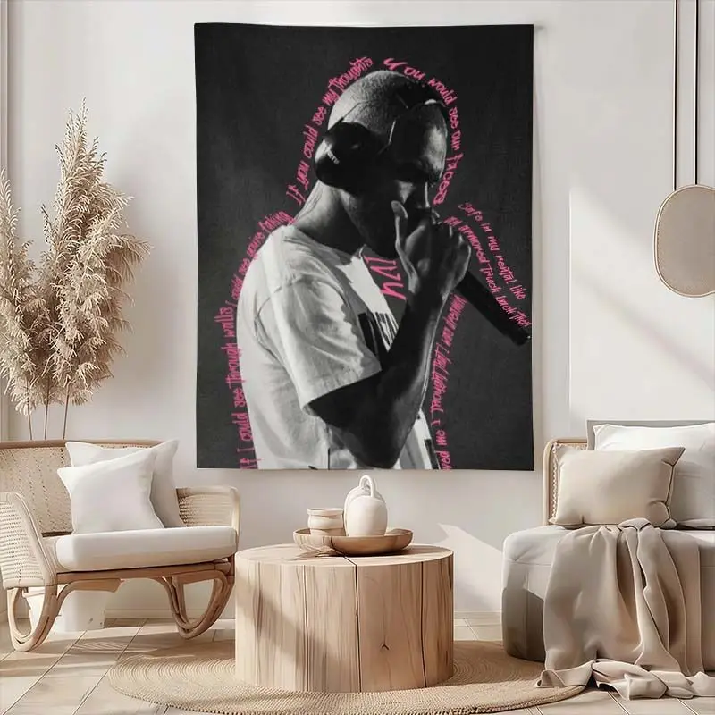 VIKAMA Black White Rap Singer Pink Word Surrounding Portrait Tapestry, Street Style Wall Hanging for Trendy Decor