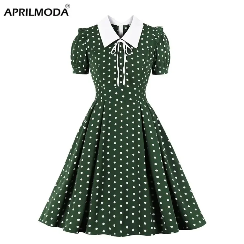 2022 green vintage retro 50s 60s women dress polka dots printed short sleeve turn down collar rockabilly a line party jurken uy7