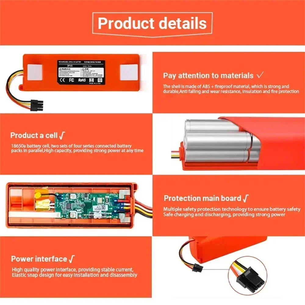 Original 14.4V Li-ion Battery Robotic Vacuum Cleaner Replacement Battery for Xiaomi Robot Roborock S50 S51 S55 Accessory Spare