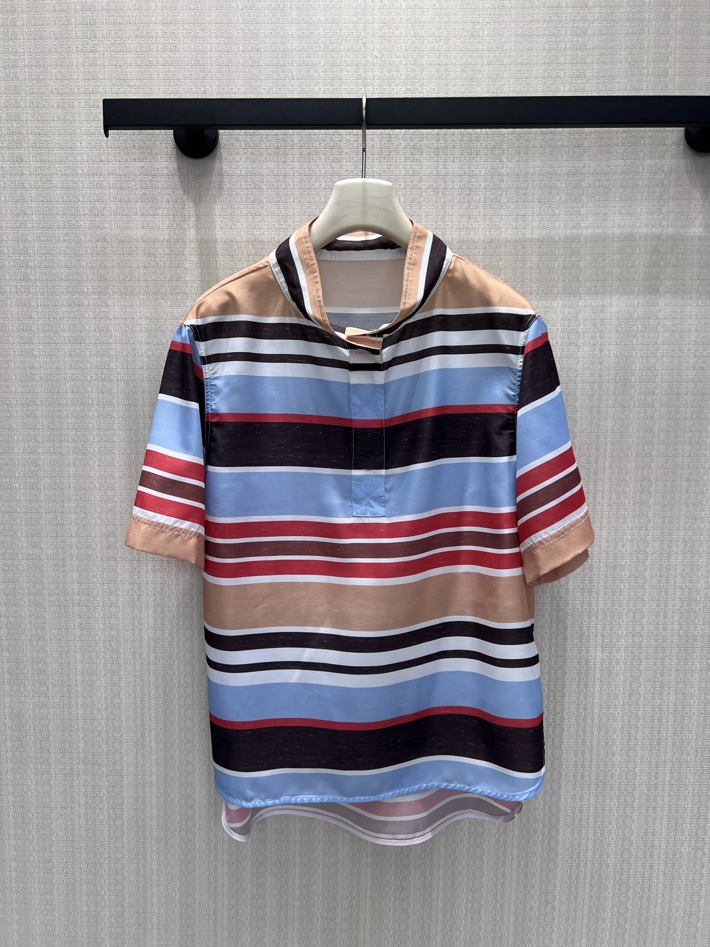 

Retro Striped T-Shirt Stand Collar Half Open Button Luxury Simple Red Color Block Casual Cotton Polyester Women's Summer Top