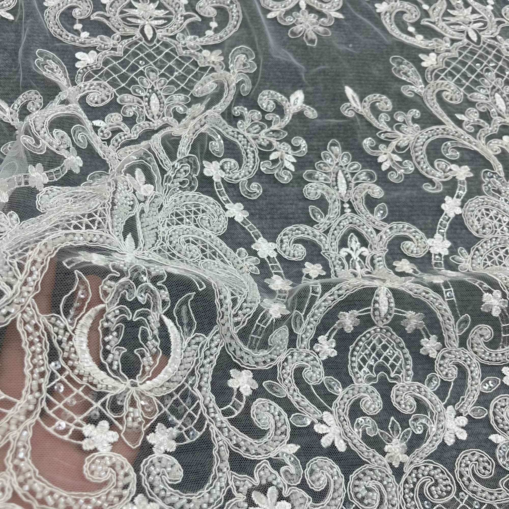 Three-Dimensional Feeling Beads Sequins Tulle Embroidery Lace Fabric Suitable For Private Customized Clothing Design