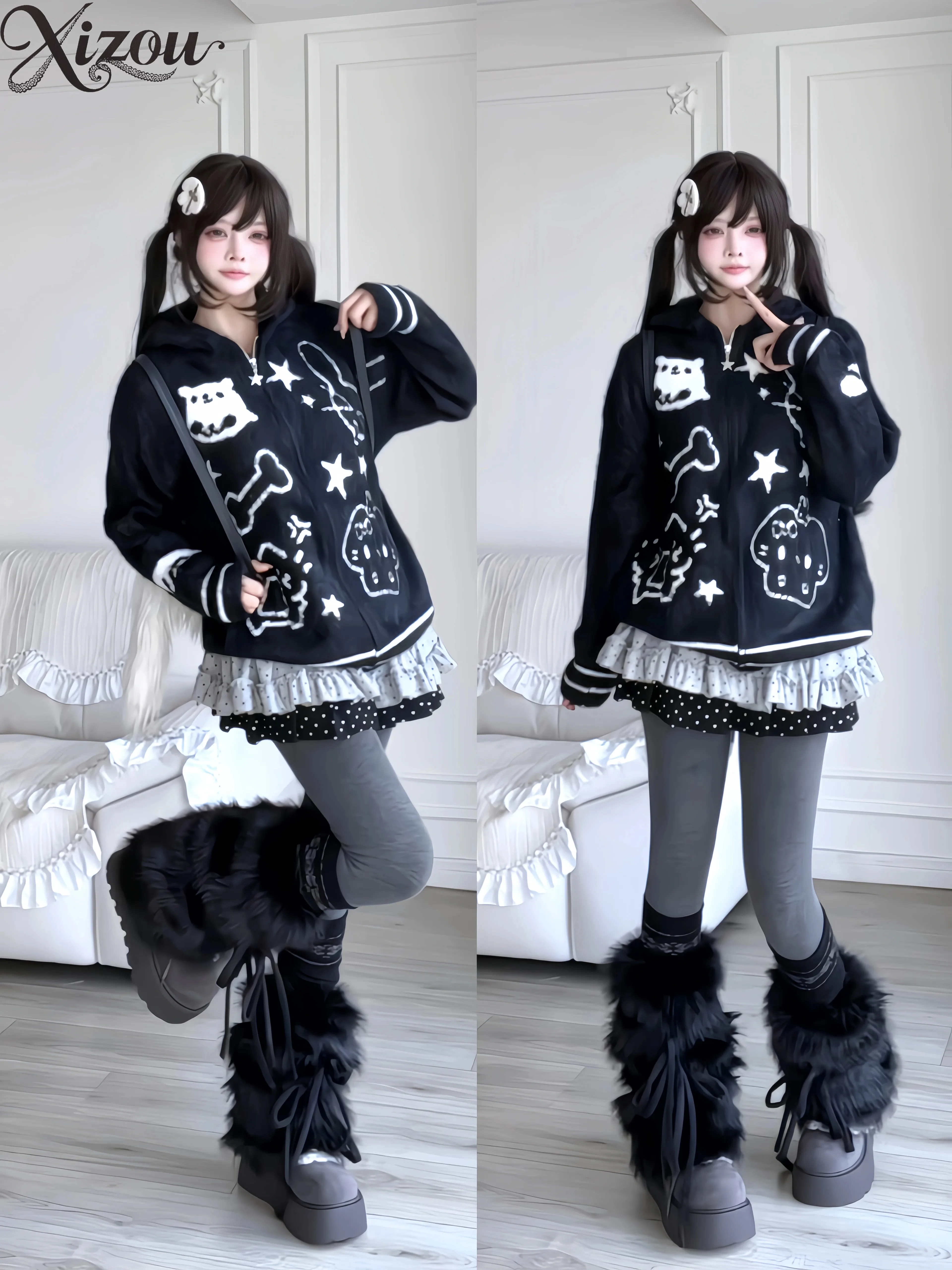Kawaii Cartoon Cat Hooded Sweater Women Knitted Coat Sweet Cool Loose Autumn Winter Zipper Cardigan 2025 Japanese Black Warm