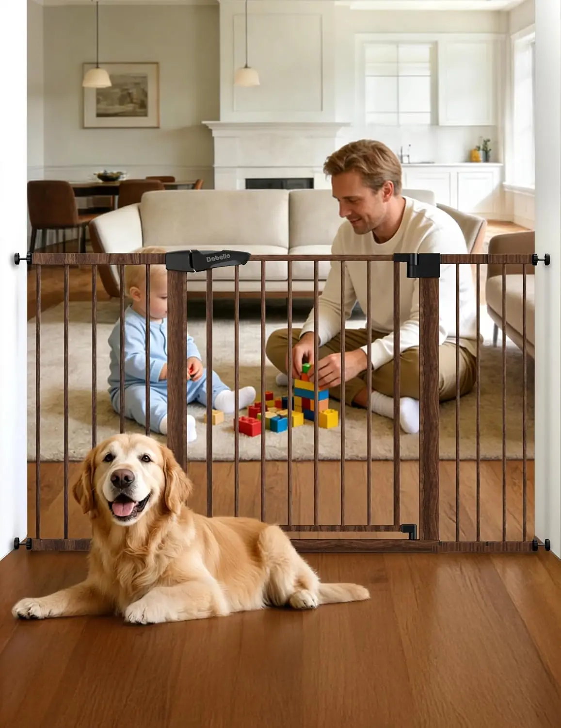 Extra Wide Baby Gate Press Mounted Auto Close Walk Thru Metal Child Pet Doorways No Drilling Black Wood Pattern 30 Inch Tall 29