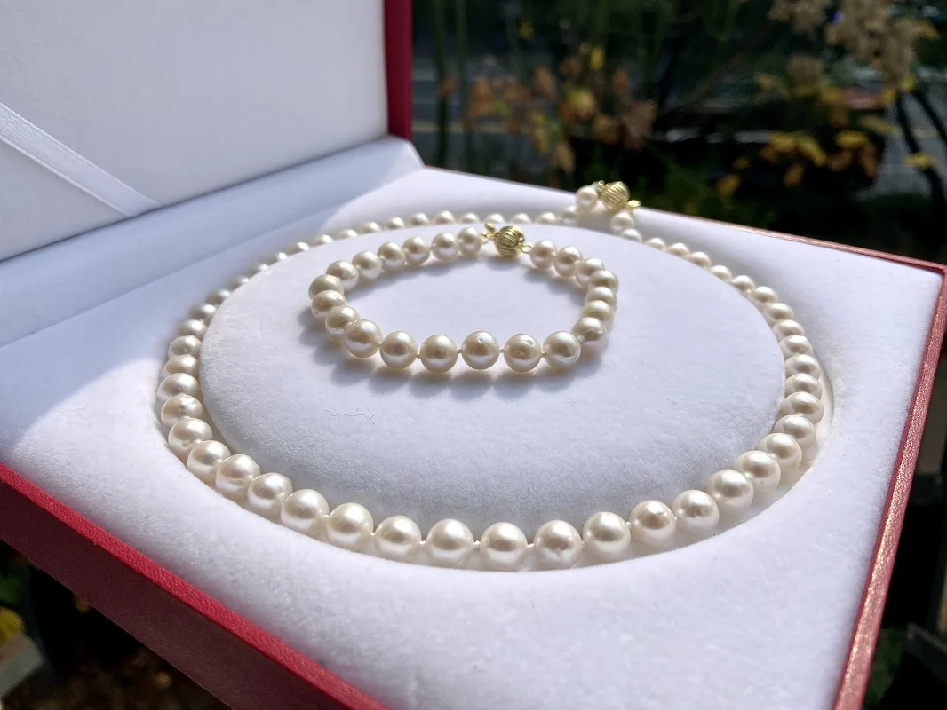 Real White Natural Pearl Necklace&Bracelet Jewelry Sets 8-9mm Sea Pearls Jewelry for Women Gift New