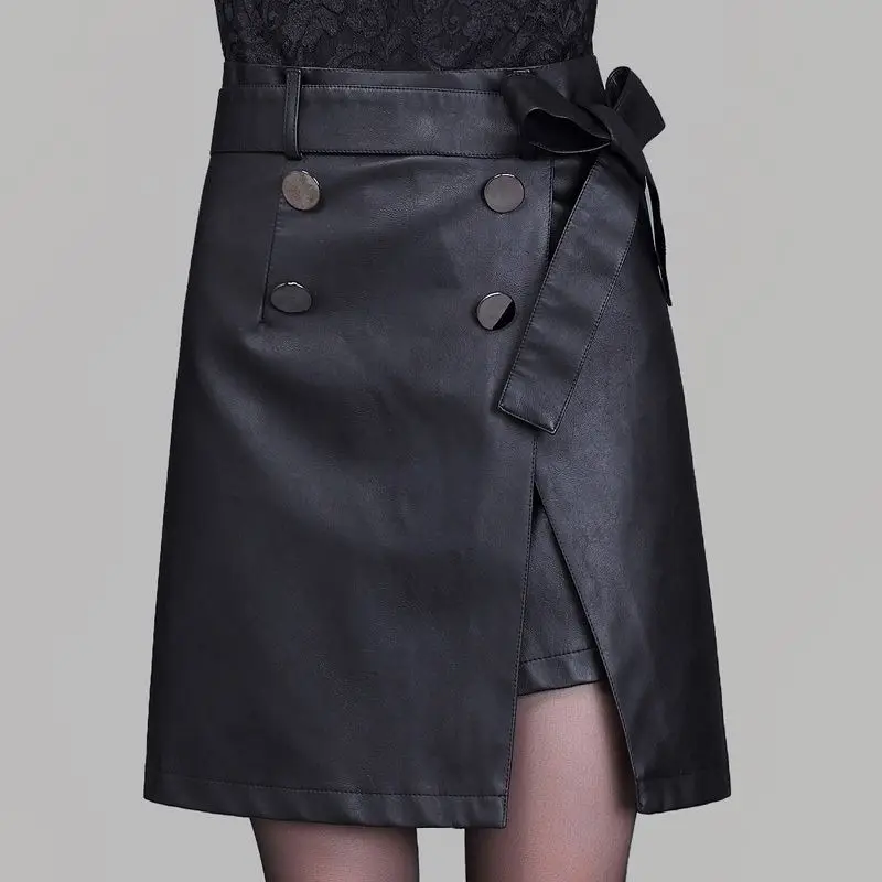 

Korean Fashion Autumn Winter Women New Solid Zipper Button Belt Asymmetrical Chic High Waist Short Slim A-line PU Bag Hip Skirt
