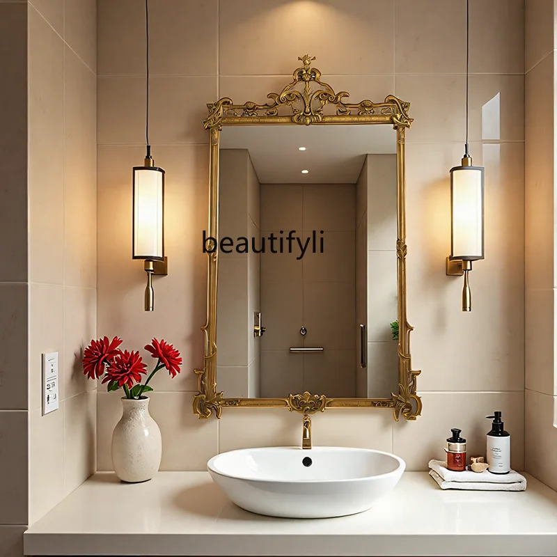

French wall-mounted entrance mirror European retro carved vanity mirror American desktop, bathroom mirror