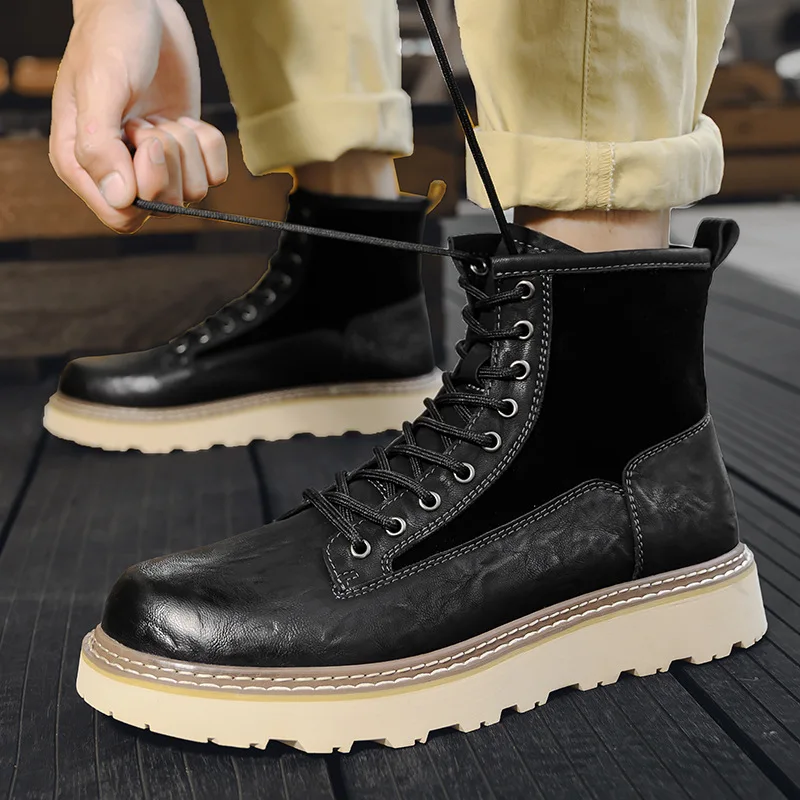

High Quality Men's High Top Boots 2026 Trendy British Style Wear-resistant Workwear Boots Designer Platform Boots Leather Shoes