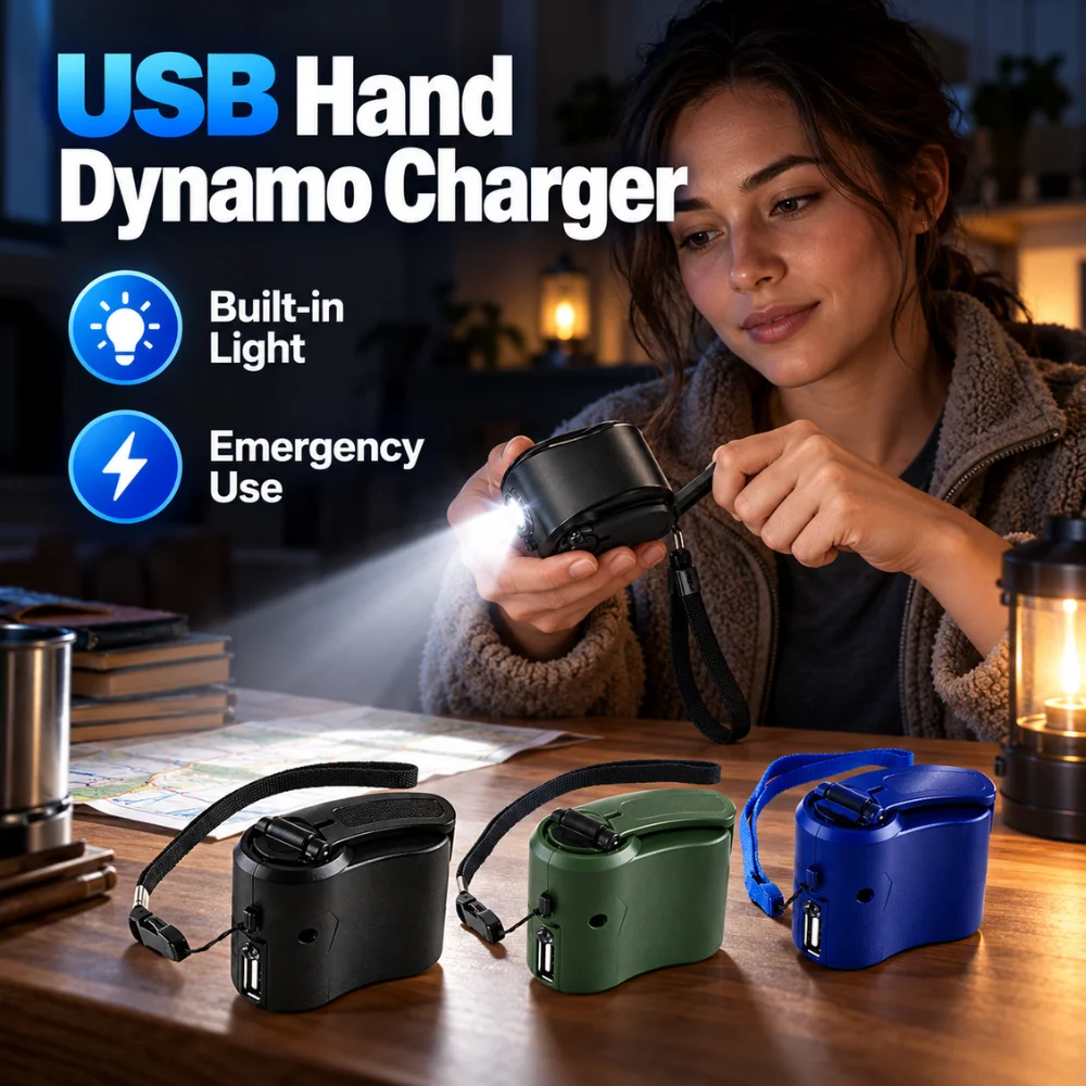 Manual USB Power Generator 6V 300mA Hand Crank Emergency Charger with Built-In Light for Hiking Travel and Power Outage Use