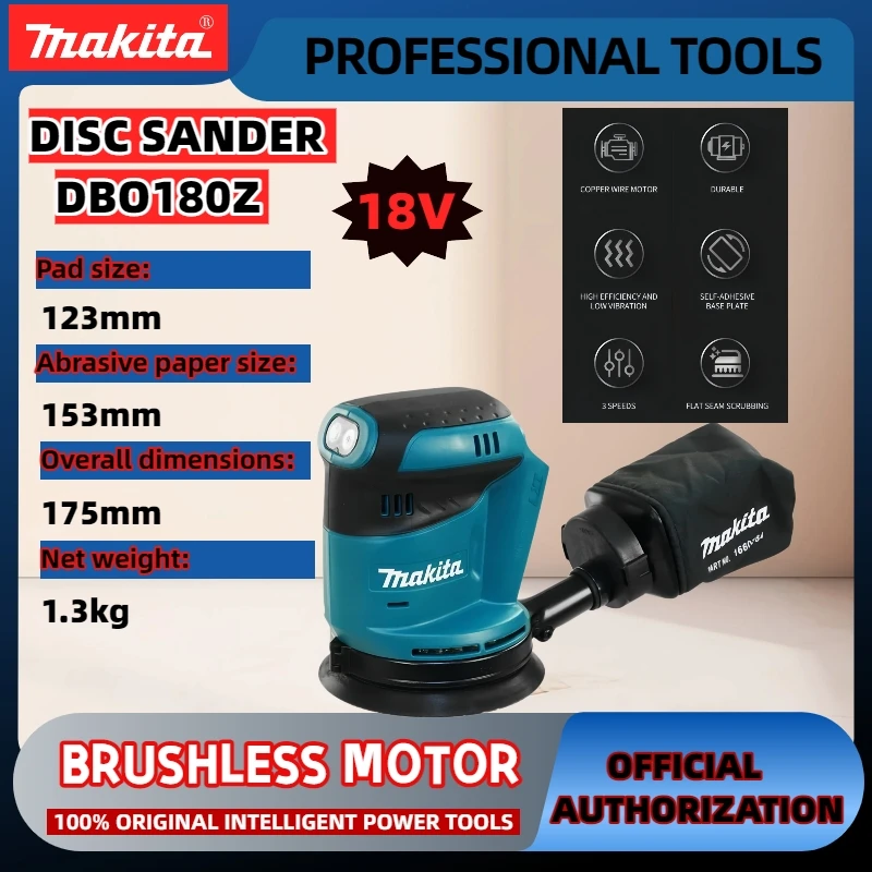 Szlifierka oscylacyjna akumulatorowa Makita DBO180Z 18V, litowo-jonowa, do szlifowania drewna, szpachli i polerowania.