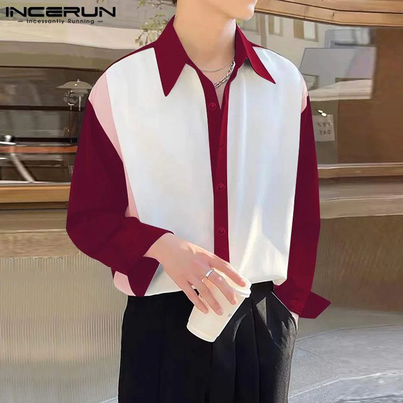 2024 INCERUN Men Causal Long Sleeve Tops Handsome Loose Turn Down Collar Shirts Harajuku Loose Colorblock Commuting Blouse S-5XL