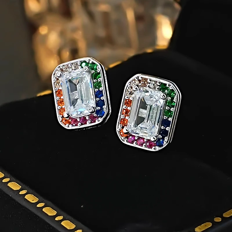 Earstuds 925 silver daily light luxury rainbow emerald cut white diamond gold-plated temperament niche versatile and compact