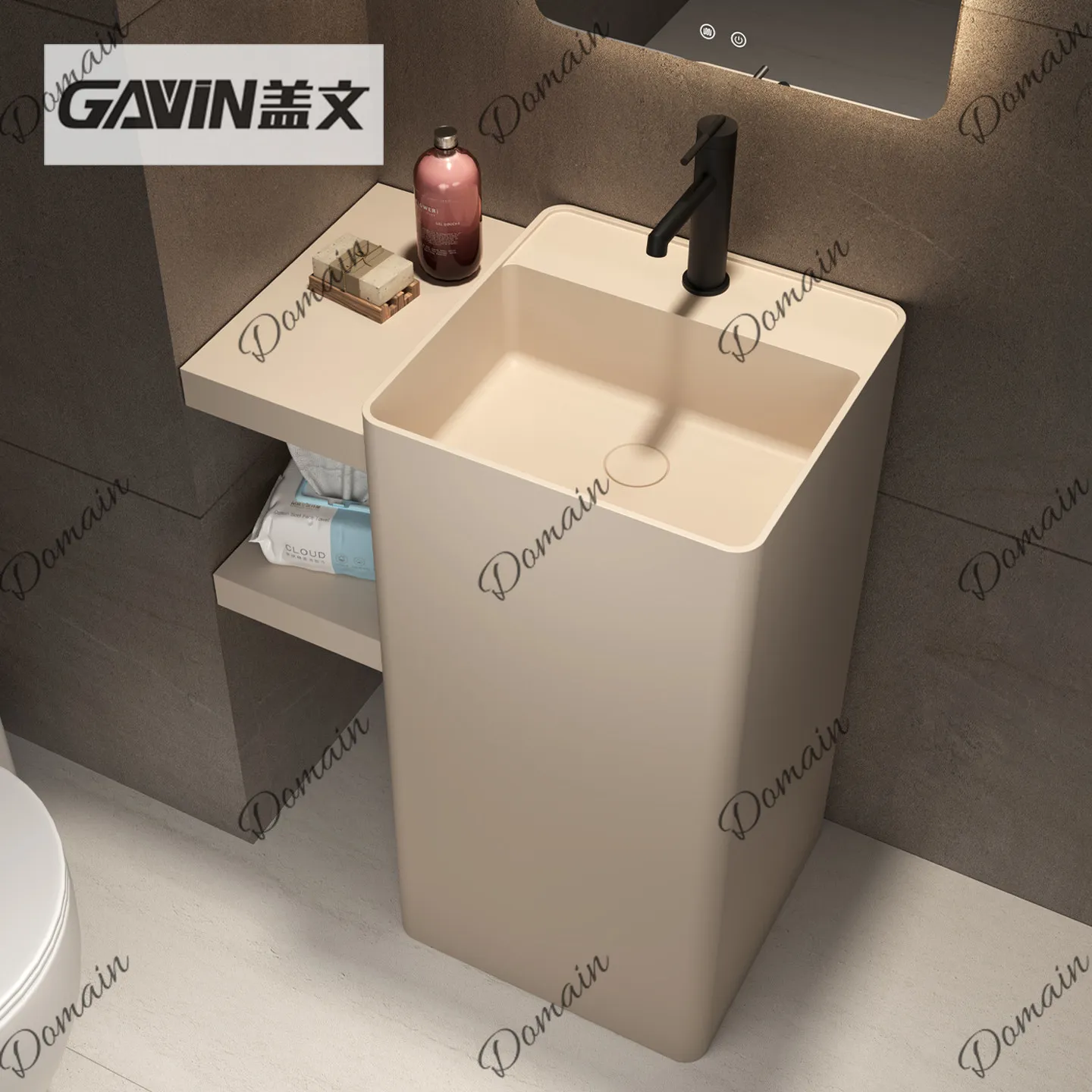 Custom Double Layer Artificial Stone Washbasin Floor Standing Vanity for Small Bathroom Space Saving