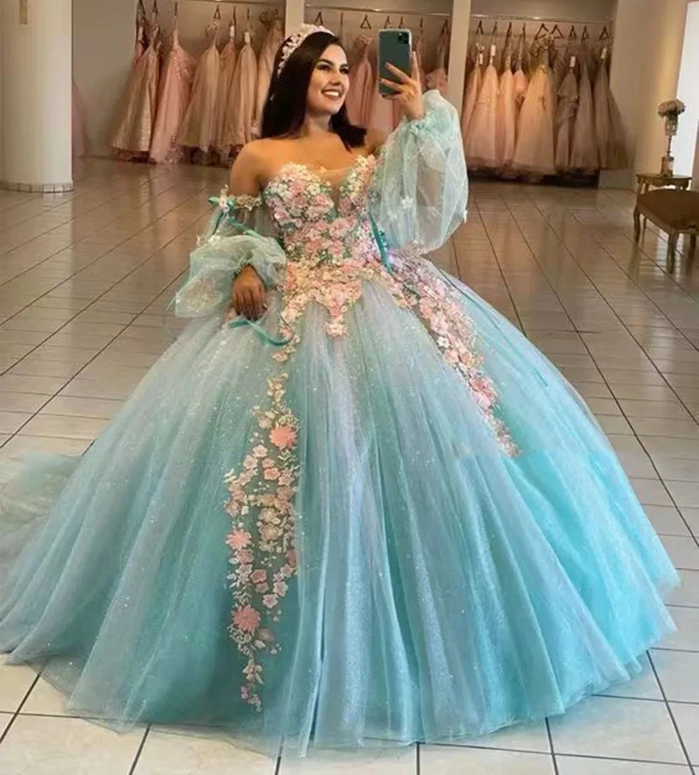 ANGELSBRIDEP Long Sleeves Ball Gown Quinceanera Dresses Glitter Tulle 3D Flower Vestidos De 15 Anos Formal Princess Party Gowns