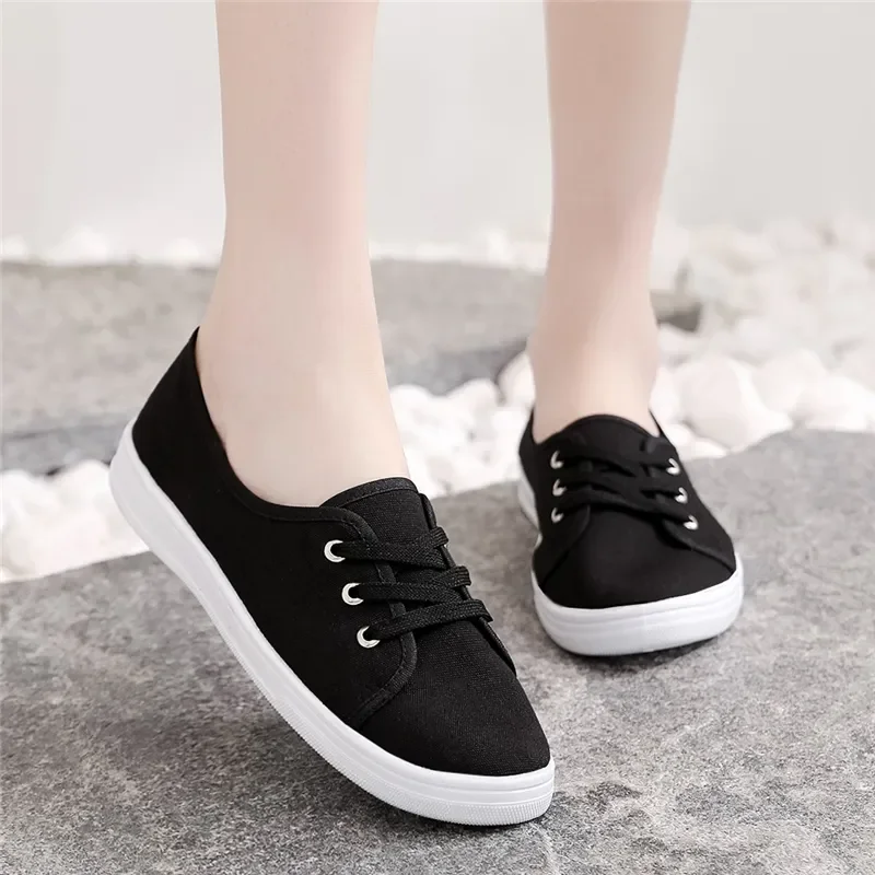 Lady Classic Round Toe White Canvas Shoes for Student School Women Cool Black Comfort Street Lace Up Shoes Zapatos De Mujer F921