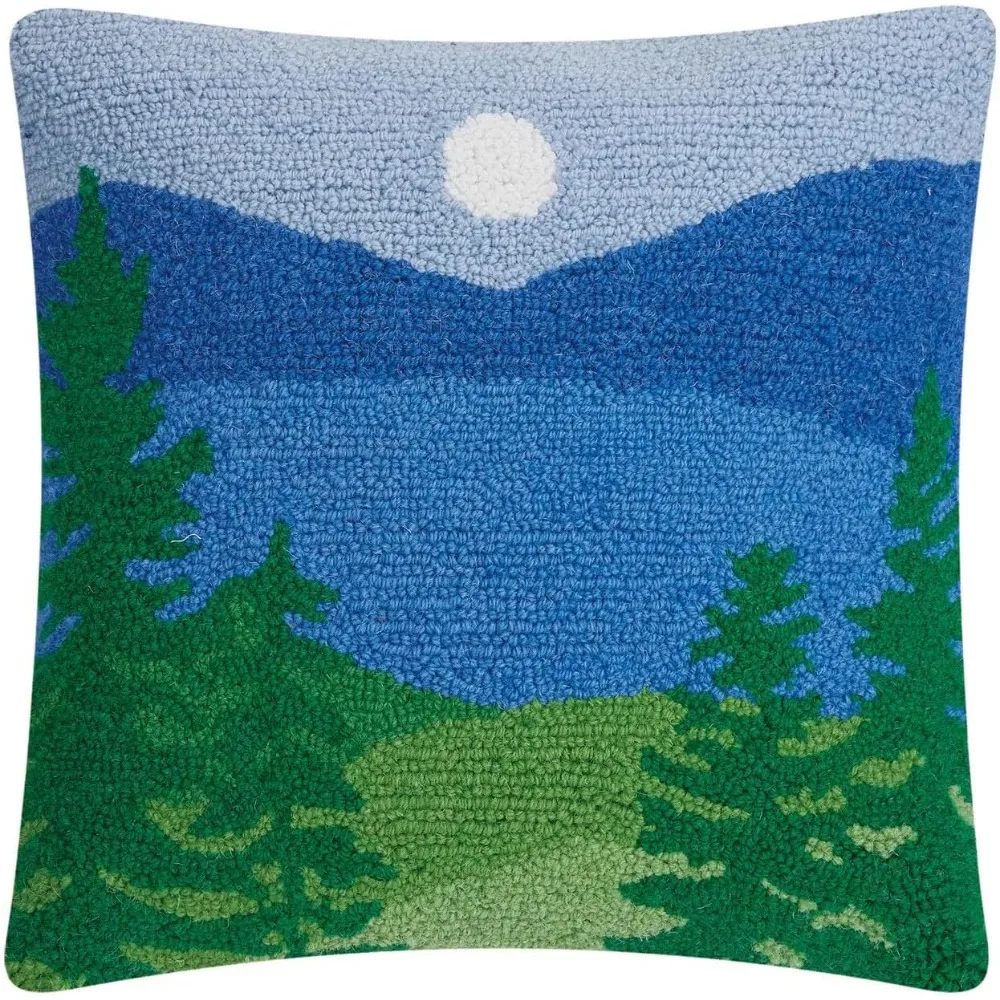 

Lakeview by Kate Nelligan 18" Square Hooked Wool Throw Pillow with Polyfill Insert, Blue/Green/Multi