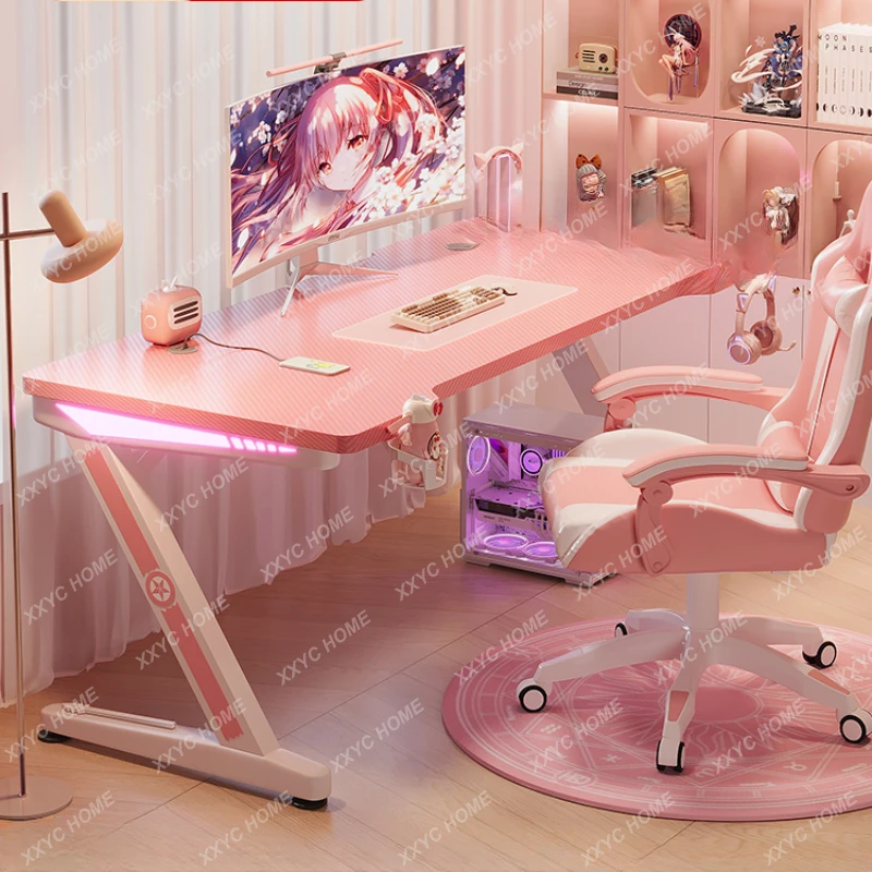 Pink Computer Desk Desktop Home Anchor Live Streaming Table Bedroom Girl Gaming Table Simple E-Sports Table and Chair Set