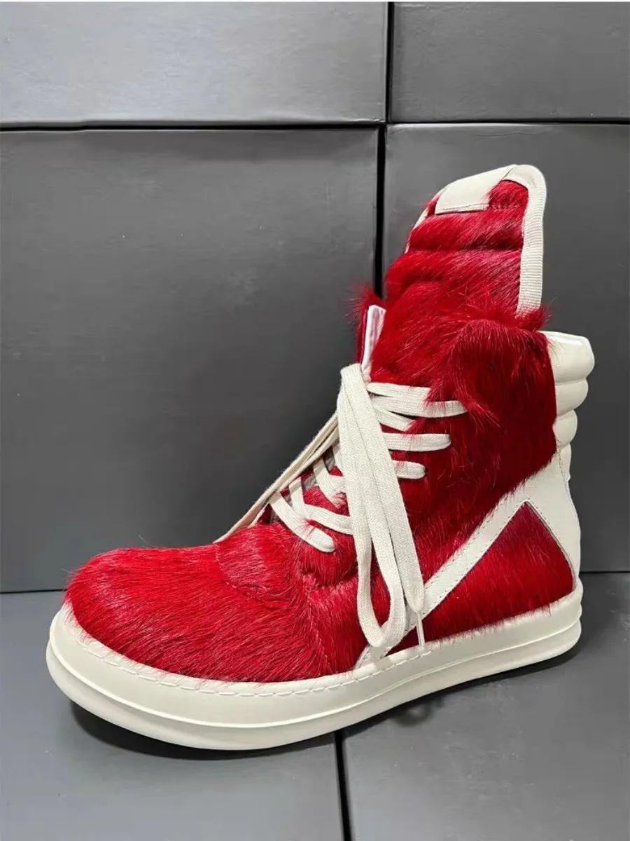 

Fashion Men Ankle Boot Red Horsehair Boots Women Sneaker Black Horse Hair High Top Shoe Ro Luxury Casual Shoes Zipper Sneakers