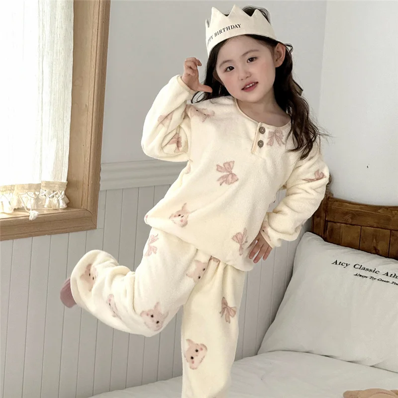 2026 Children's Fleece Clothing Sets Boys Girls Floral Print Home Suits Long Sleeve Pajamas Velvet Outfits Kids Thermal Pajamas