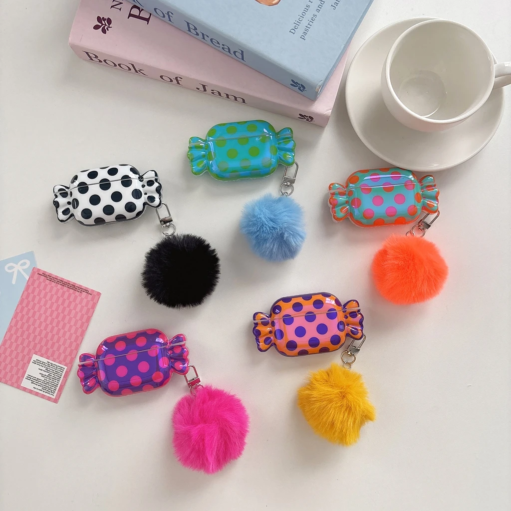 Vibrant Colorful Polka Dot 3D Candy Shaped With Plush Ball Pendant Earphone Cover Case for AirPods 1 or 2 3 4 5 Pro 2 Pro 3