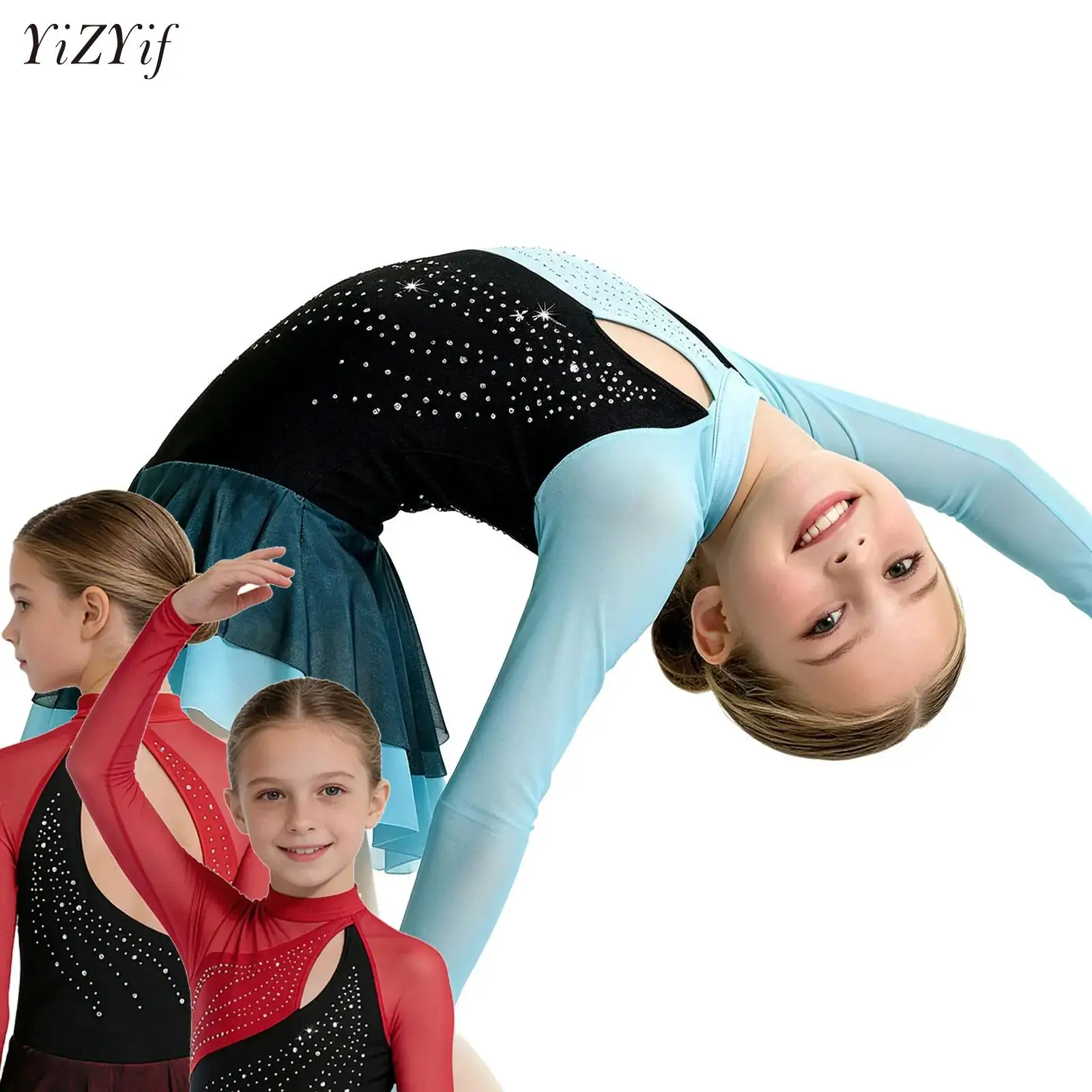 

Child Kid Sparkly Rhinestones Mesh Skirted Unitards Bodysuit Gymnastics Figure Skating Ballet Jersey Costume Lyrical Dance Dress
