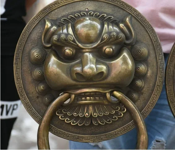 16 "الصين القديمة البرونزية فنغ شوي فو فو الكلب الحرس الأسد مطرقة مطرقة الباب زوج #2