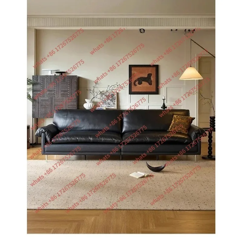 A New Italian retro leather sofa small apartment living room oil wax leather black one-word straight row moderate sitting