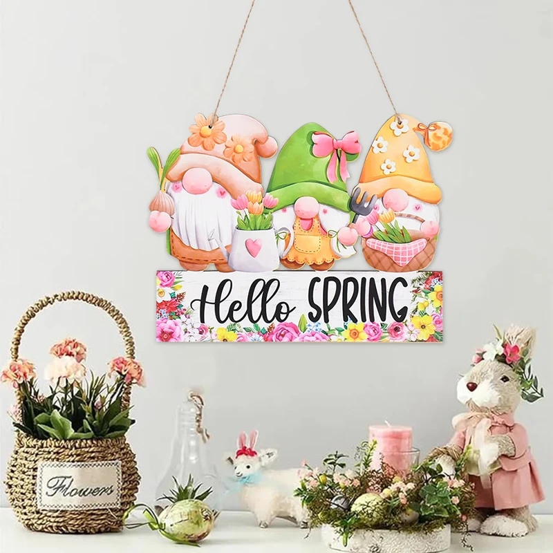 

Easter Welcome Doorplate Wooden Pendant Happy Easter Hello Spring Gnome Hanging Doorplate Pendant Wood Plaque Sign Decor Supply