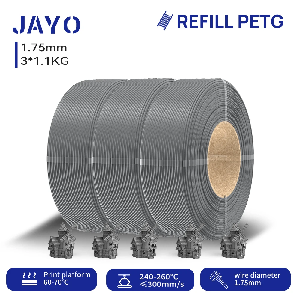 JAYO 3,3KG Nachfüll-PETG-Filament 1,75mm Nachfüll-3D-Drucker-Filament geeignet für Bambu Lab Filament & ungiftige wiederverwendbare Spulen 1,1KG/Rolle