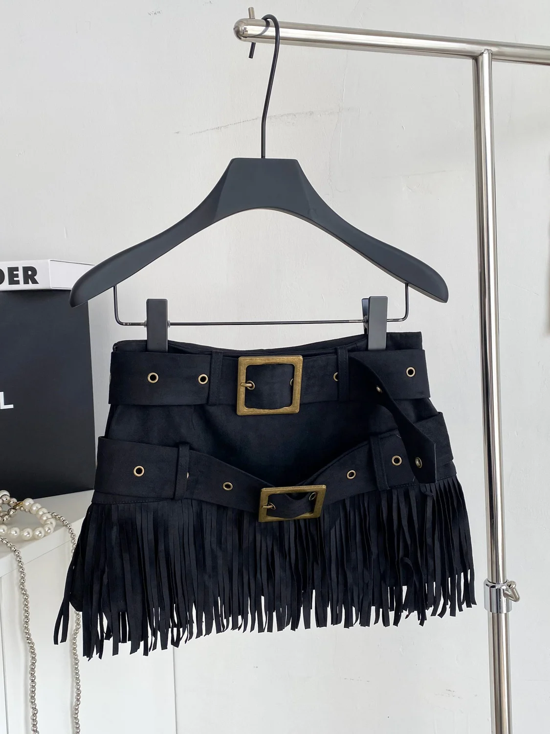 

Retro Leather f Skirt Women's Slimming Tassel Skirt Double Belt Vintage Sle Commute High Waist Polyester Fiber A-Line Skirt