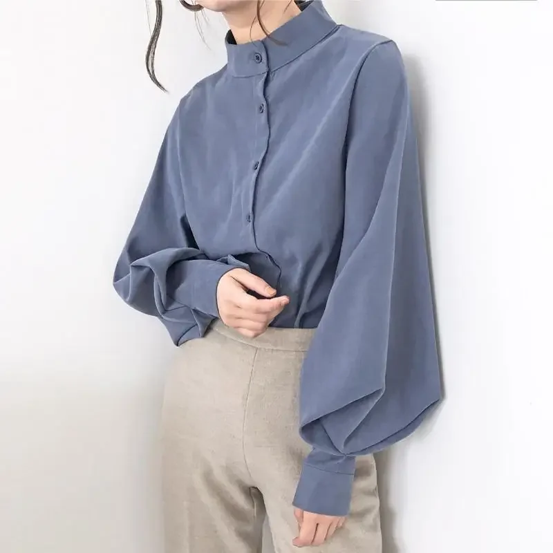 Lantern Sleeve Shirts Women Office Lady Temper French Stylish High Street Elegant Pure Color Minimalist Camisas All-match Casual