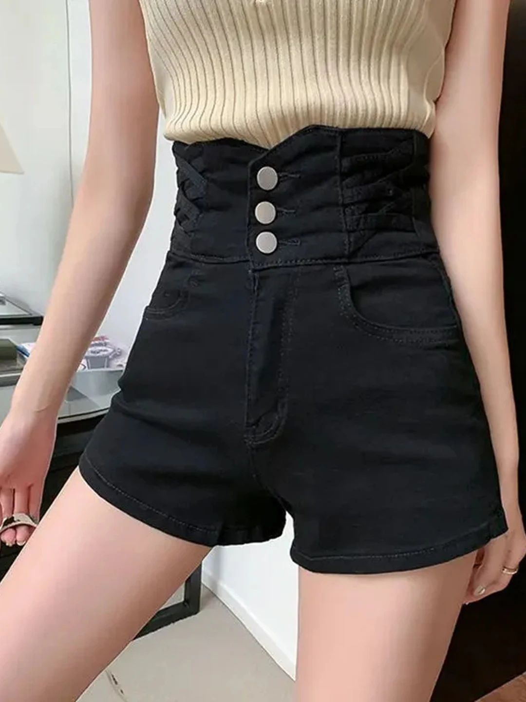

High Waist A-Line Denim Shorts for Women Summer plus Size Loose Slimming Versatile Black Hot Pants Commute Style