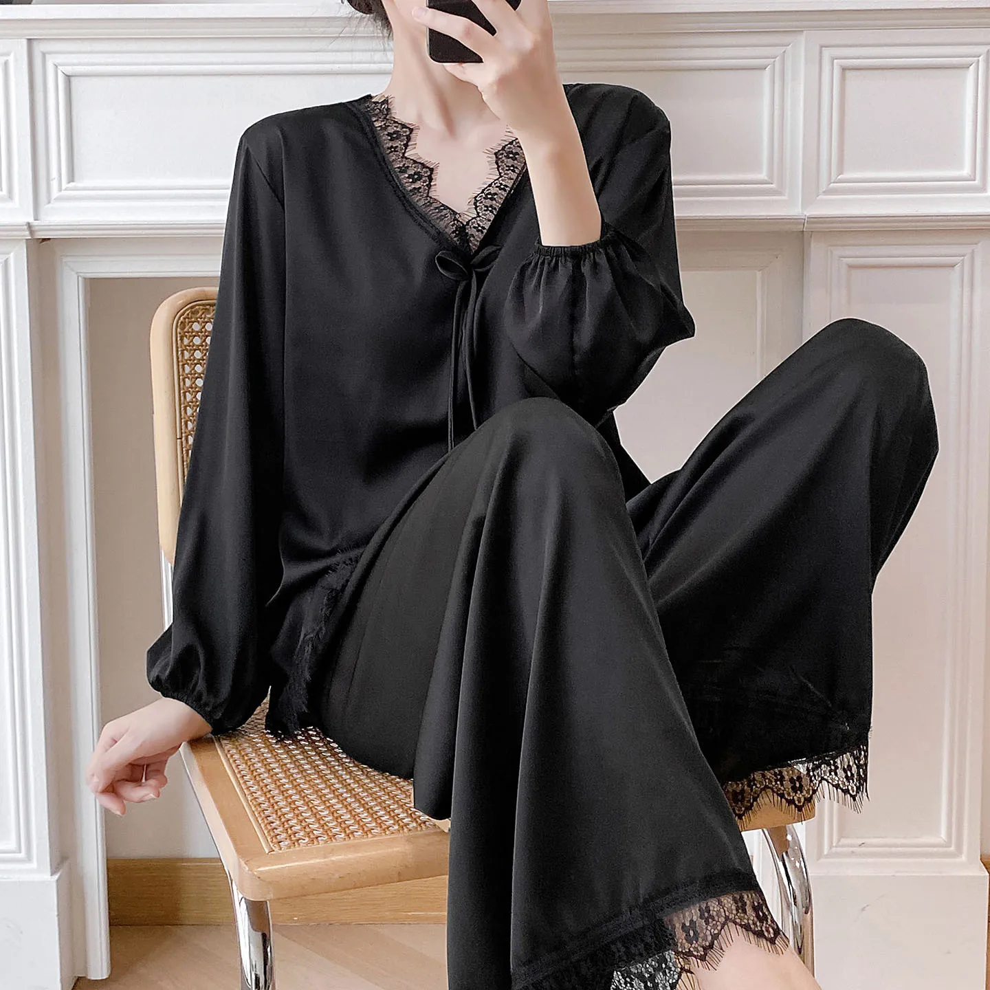 Female Long Sleeve Pullover With Chest Pad Pajamas Loungewear Satin Sleepwear Loose Elastic Waist Trouser Suit Homewear Pyjama