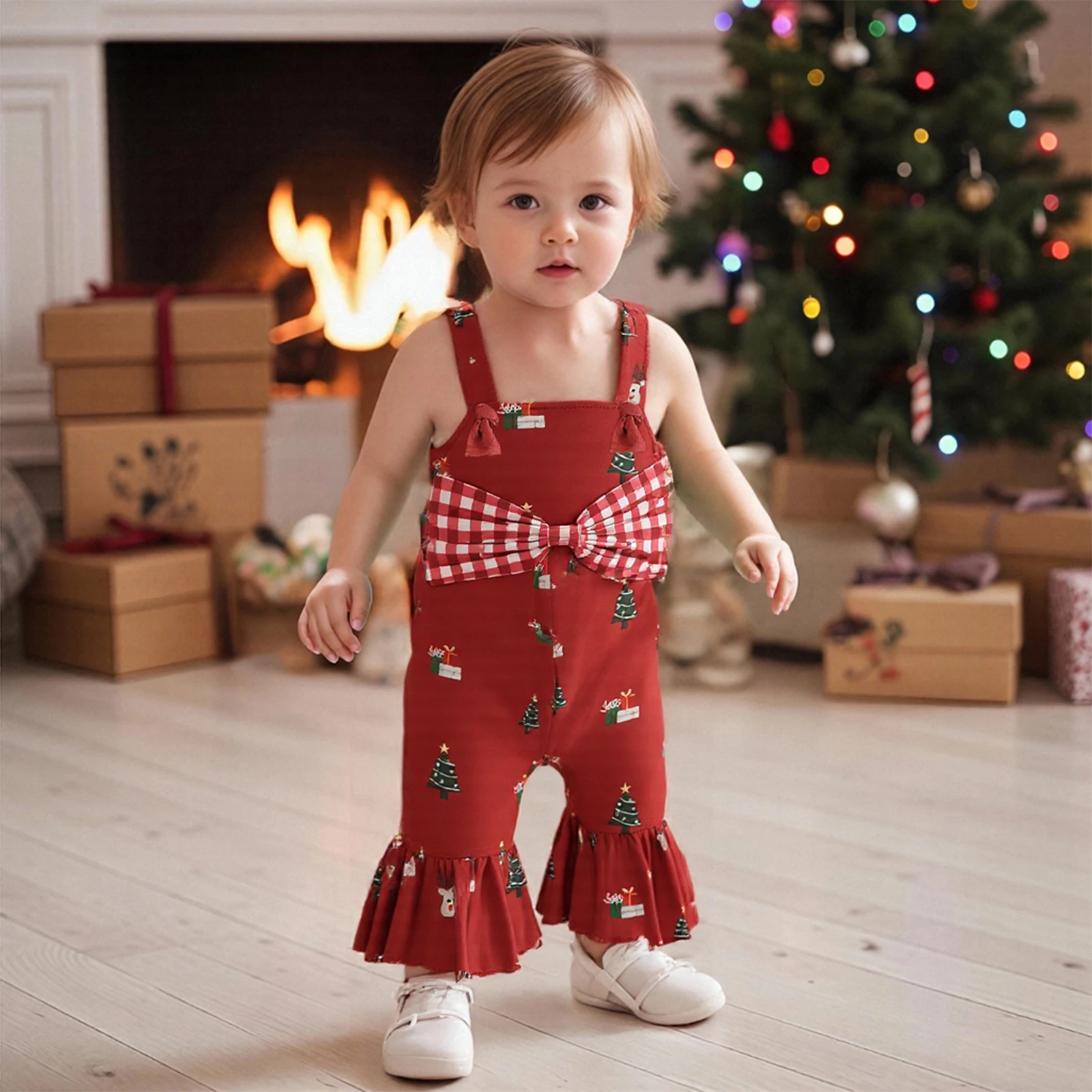 

Suefunskry Рождественский комбинезон для маленьких девочек, свободный крой, расклешенный комбинезон без рукавов с декоративным бантом и оборками